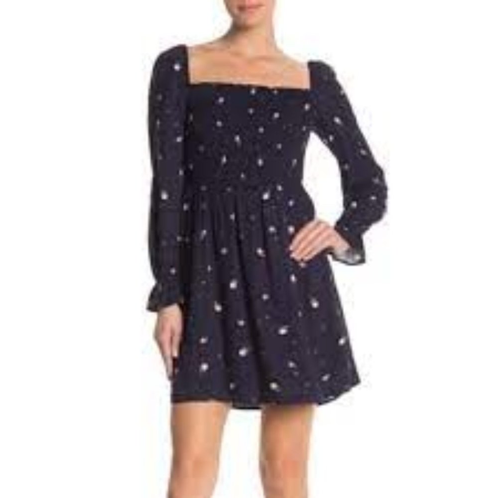 Elodie Long Sleeve Smocked Square Neck Navy Floral Dress